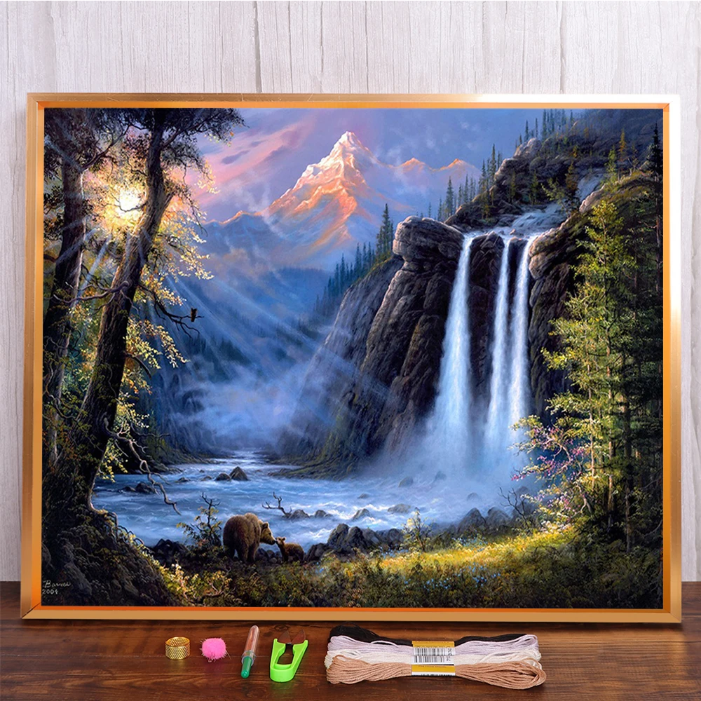 Landschaft Wasserfall Gedruckt 11CT Kreuzstich Komplettset DIY Stickerei Handwerk Nähen Handarbeit Malerei Mulina Nadel gezählt – Detail 14