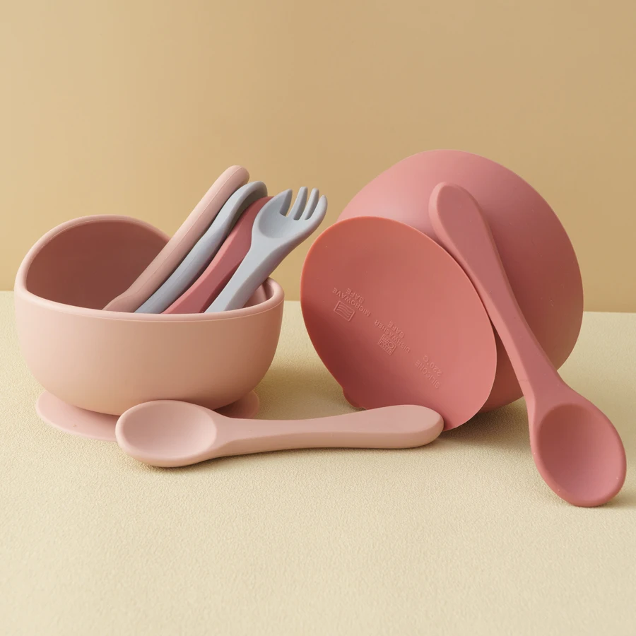 3PCS Baby Silicone Dinner Set Suction Dishes Waterproof Spoon Fork Feeding Training Sets For Children Food Grade Baby Tableware 3