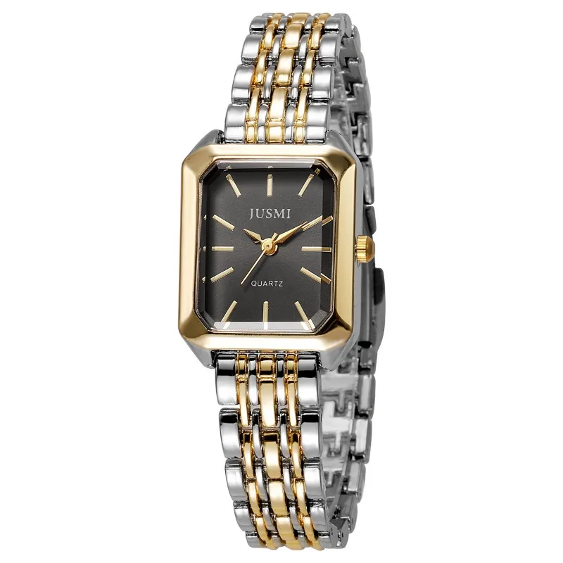 Square women's dual color alloy watch strap with steel strap and quartz watch