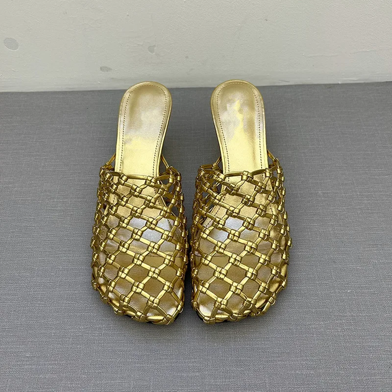 Gold Mesh Woven Slippers Women Fashion Square Toe Wedges