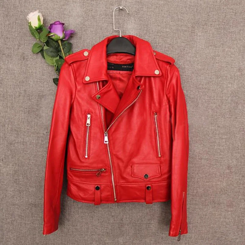 

Red Leather Jackets Real Sheepskin Leather Jacket Leather Coats Women's Short Coat Slim Genuine Jacket Motorcycle Jacket Zm1520