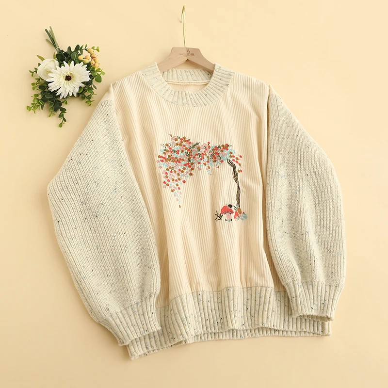 Autumn New Sweet Knitting Patchwork Corduroy Hoodies Top Women Long Sleeve Embroidered Tops D220 2