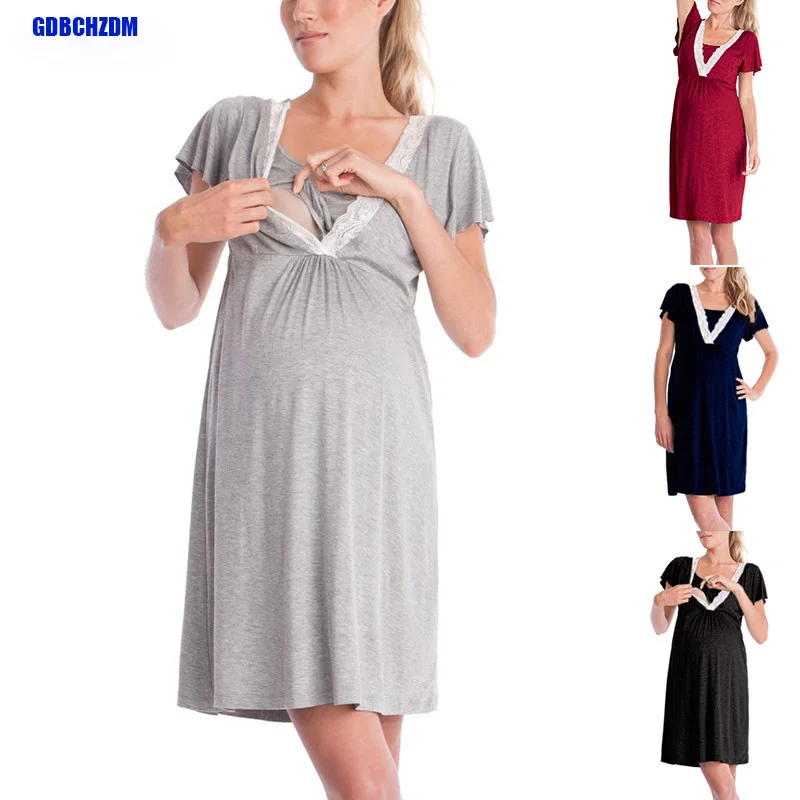 

Maternity Dresses Nightgown Fashion Solid Stripe Breast-feeding Pregnancy Nightdress Maternity Pregnant Woman Nursing Dress 2023