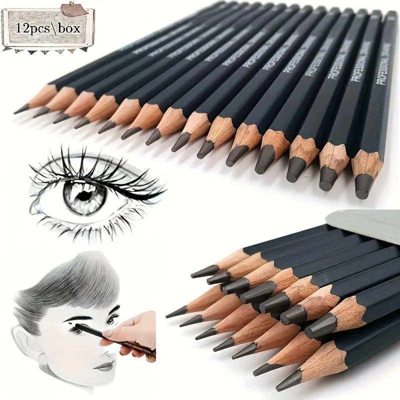 Wood Graphite Pencil Set 12 Pcs Premium 2H-8B Professional Drawing Artists School Art Supplies