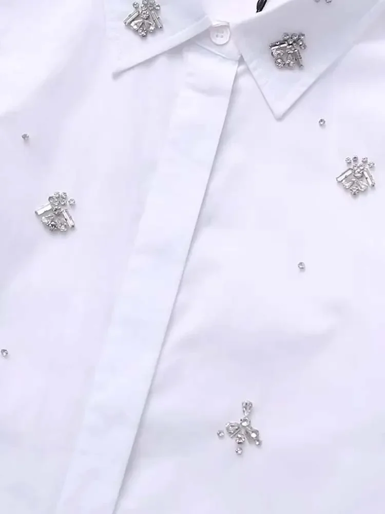 2024 Spring Summer Luxury Collection Rhinestone Shirt Women White Beading Polo Collar Long Sleeve Blouse Tops Korean