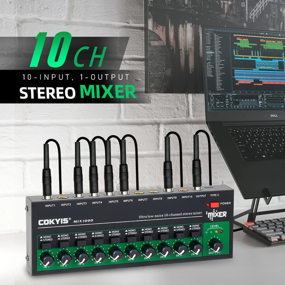 Small Mixer Audio 10 Channel Stereo Mono Audio Mixer Accessories 6.35mm ...