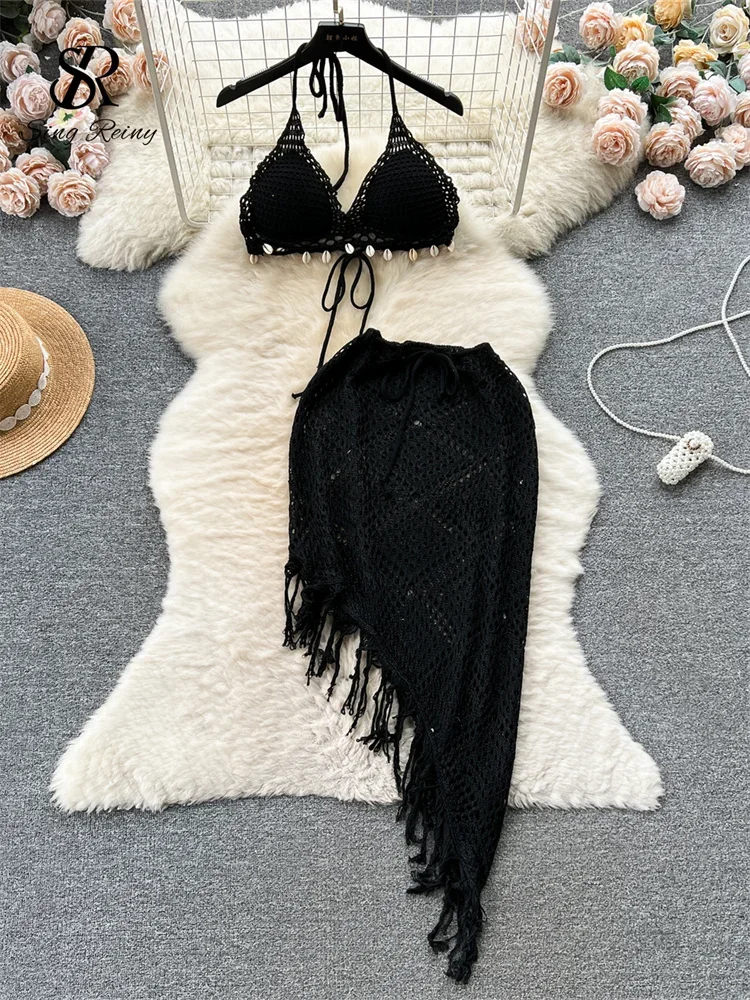 New Vacation Sexy Suits Strapless Halter Backless Bikini+Drawstring Tassel Skirt Women Beach Knitted Two Pieces Suits