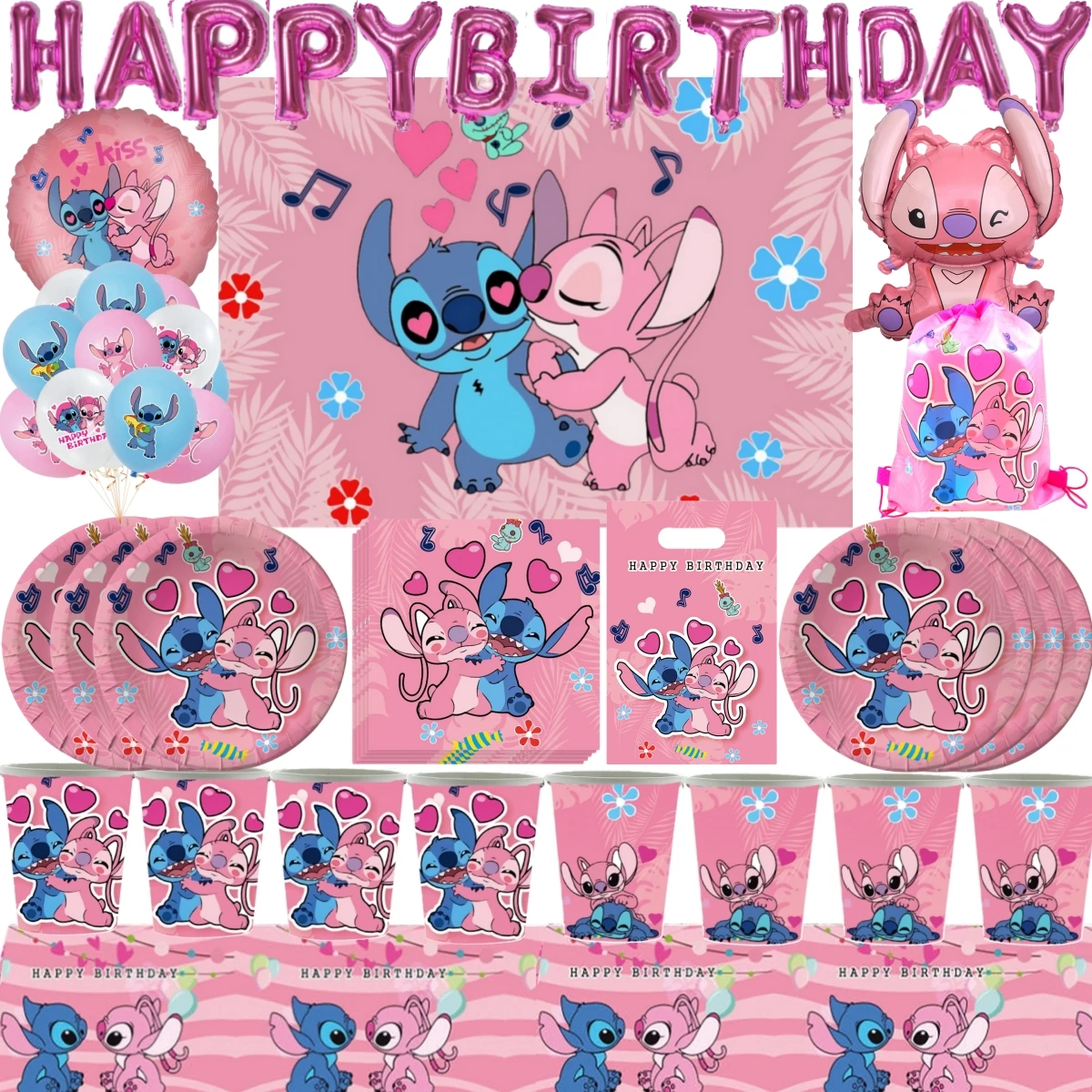 Disney Pink Stitch Birthday Party Decoration Happy Birthday Balloon Disposable Tableware Set Plate Backdrop Girls Party Supplies