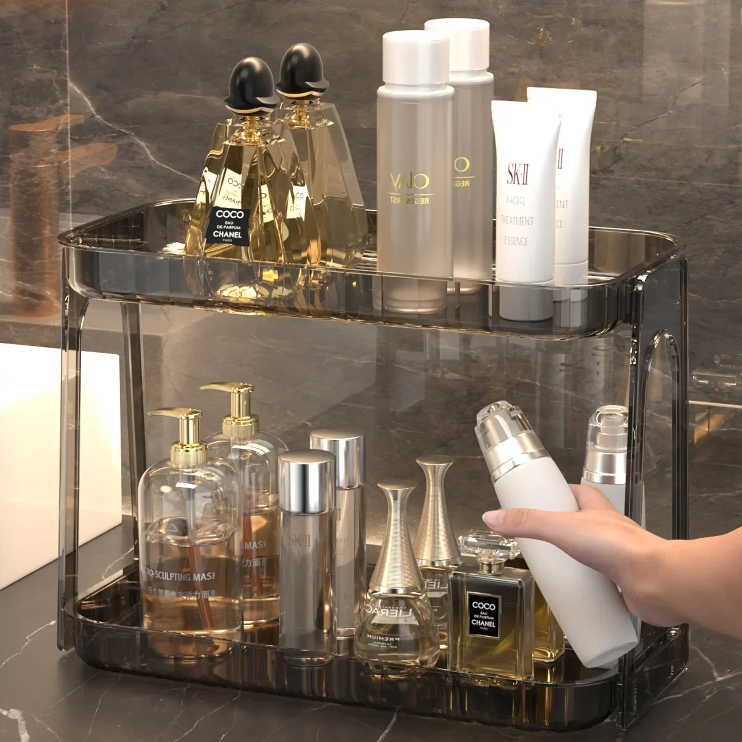 Bathroom Makeup Organizer Large Capacity Cosmetic Organizer Transparent 2 Layers Make Up Organizer Rack 2