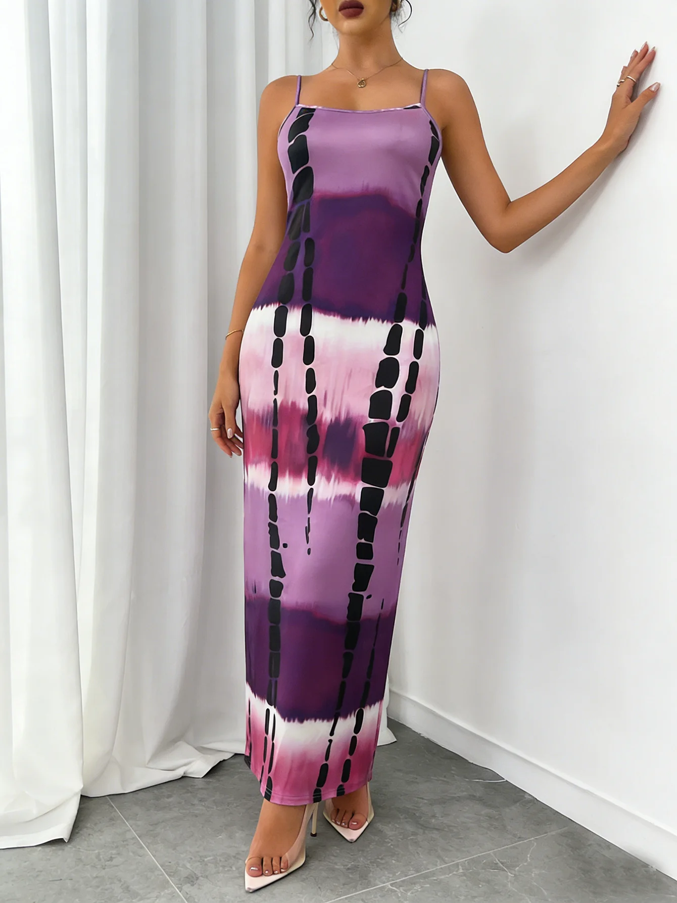 Maxi Dress Spring Summer Women Purple Tie Dye Cami Strap Casual Chic Relaxed Vacation Beach Daily Lounge Dress