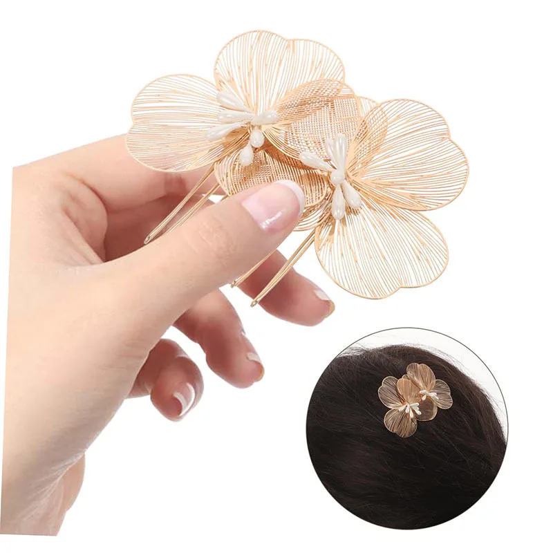 Hollow Out Alloy Silk Flower Hair Hairpin Bridal Headpiece Fashionable And Elegant Flower Hair Accessory Girls Jewelry Headpiece