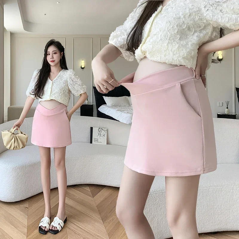 Korean Style Summer Maternity Pencil Skirt with Shorts Lining Thin Low Waist Office Lady A-line Mini Skirts Pregnant Woman Skort