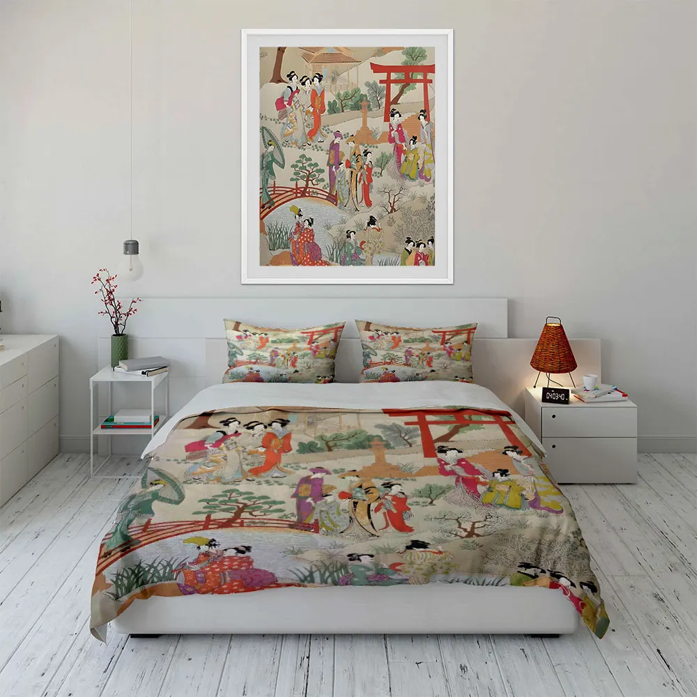 Elegant Japanese Garden Bedding Set 3pcs, Vintage Ukiyo-e Art Print Duvet Cover, Soft Cozy Bed Linens with Torii Gate Design 6