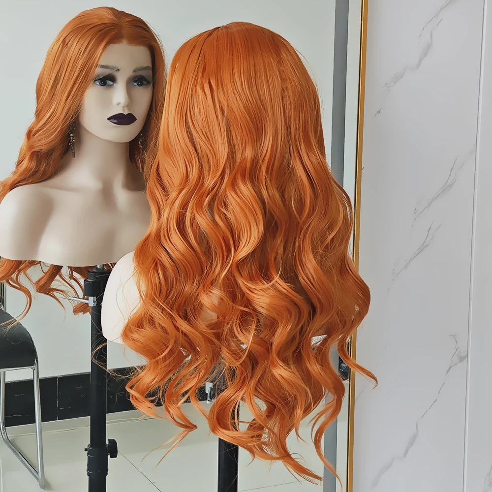 Long Soft Straight Lace Front Wigs Orange Synthetic Wig Makeup