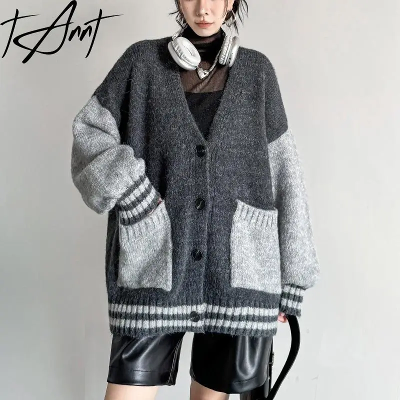 

Tannt Women Sweater Asymmetry Color Matching Knitting Cardigans Sweaters Irregular Fashion Loose Oversized Cardigan 2023 New