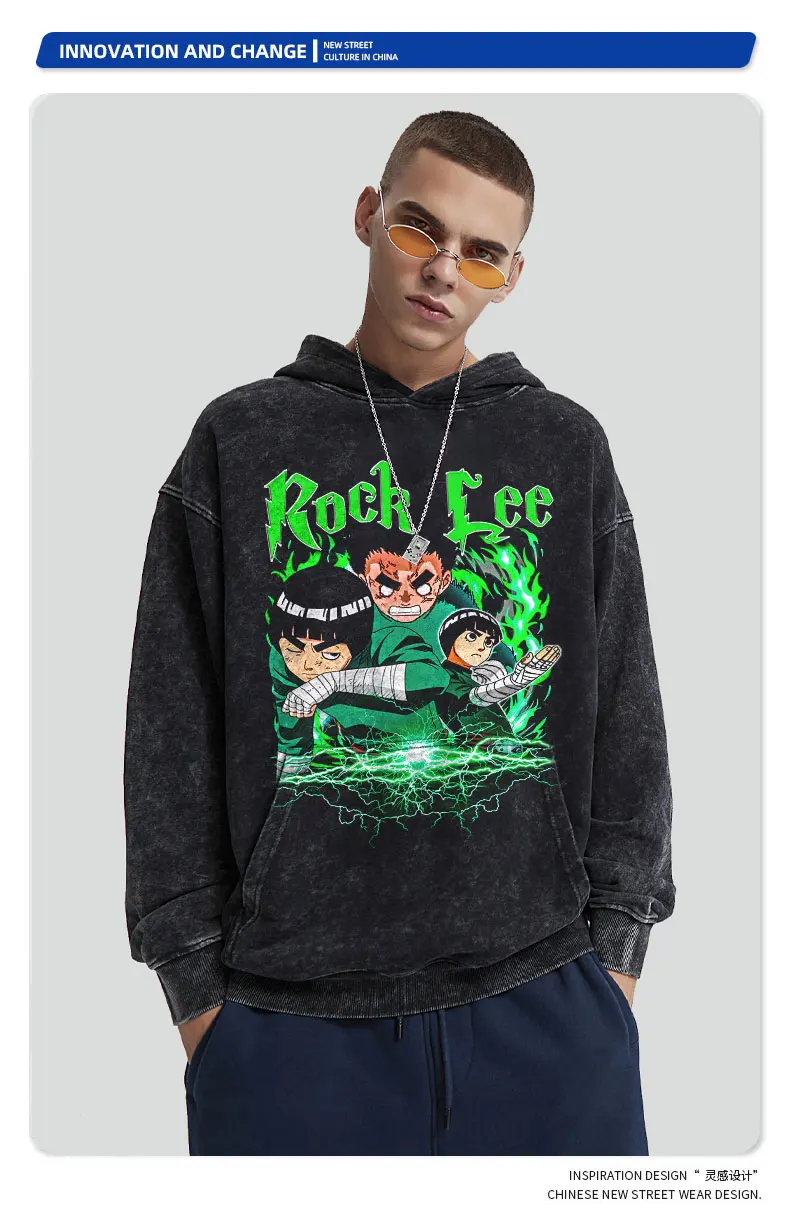 Rock Lee Hoodies Vintage gewaschen Anime Naruto Kapuzen pullover