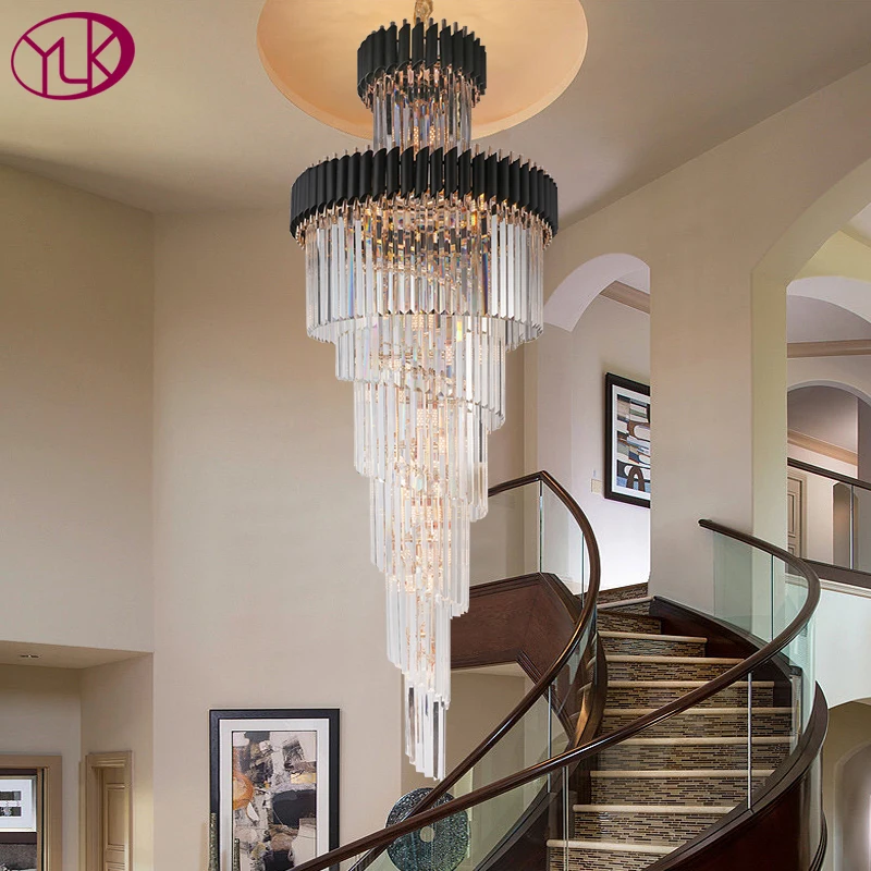 

YOULAIKE modern crystal chandelier for staircase Long black led light fixture villa lobby living room decor hang cristal lustre