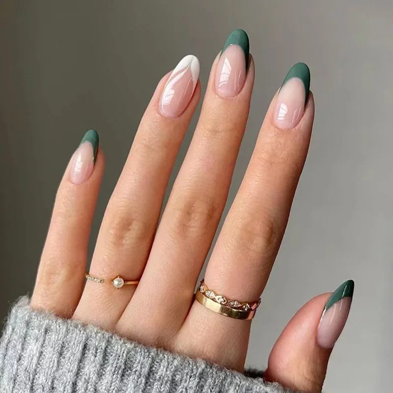 Fake Nails French Nails False Nails French Rainbow Fake Nails Simple Almond False Nails Art Waterproof Removable Artificial Press on Nail with Accessories 24pcs