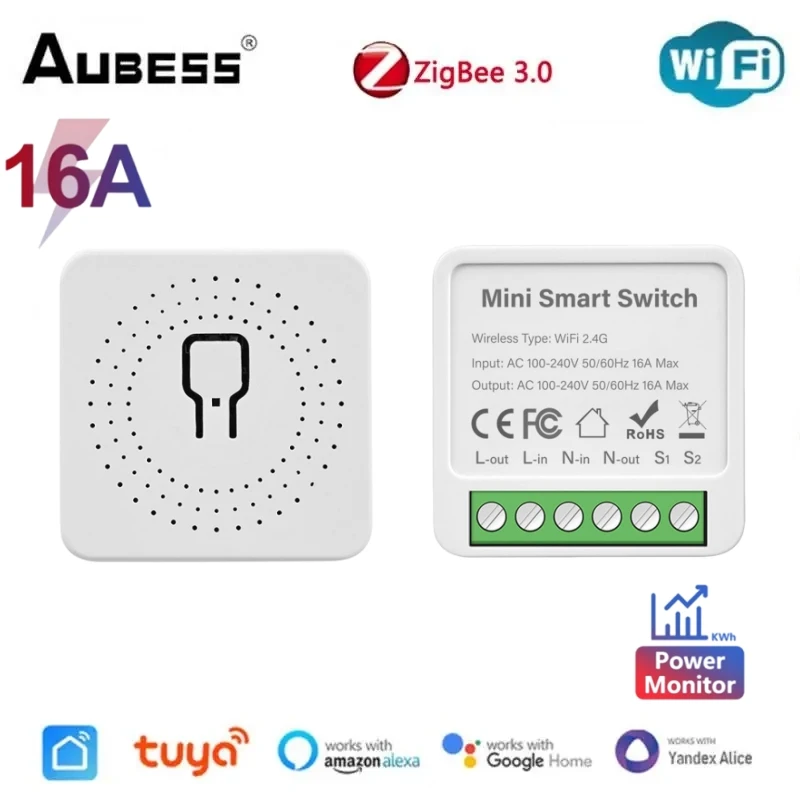 Smart Switch Tuya Smart Zigbee/WiFi Mini 2-way Control Light Breaker With Energy Monitor Support Alexa Google