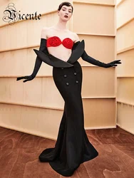 VC Evening Party Dresses For Women Sexy Strapless Stereo Flowers Velvet Gloves Long Sleeves Black Bandage Mermaid Vestido