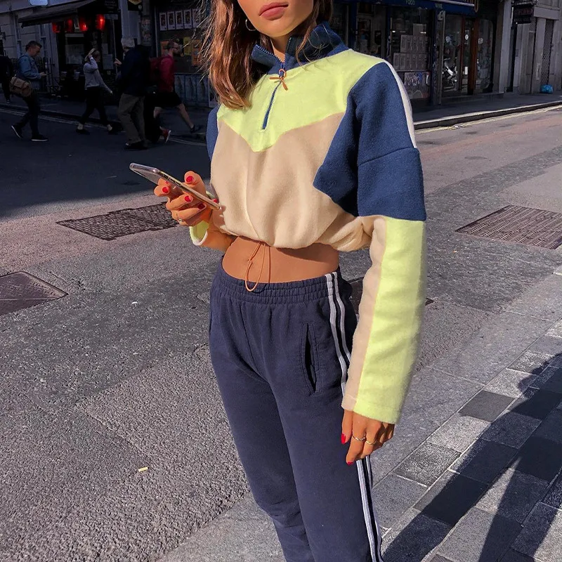 New Fashion Women Contrast Patchwork Short Sweatshirt Retro Women's Zipper Stand Collar Casual Girl Long Sleeve Winter Top