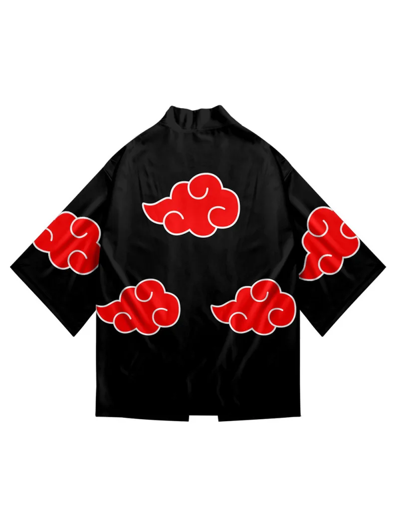 Japanese Anime Ninja Role Play Men Women Red Cloud Print Kimono Cardigan Summer Beach Japanese Traditional Costume Haori Cloak
