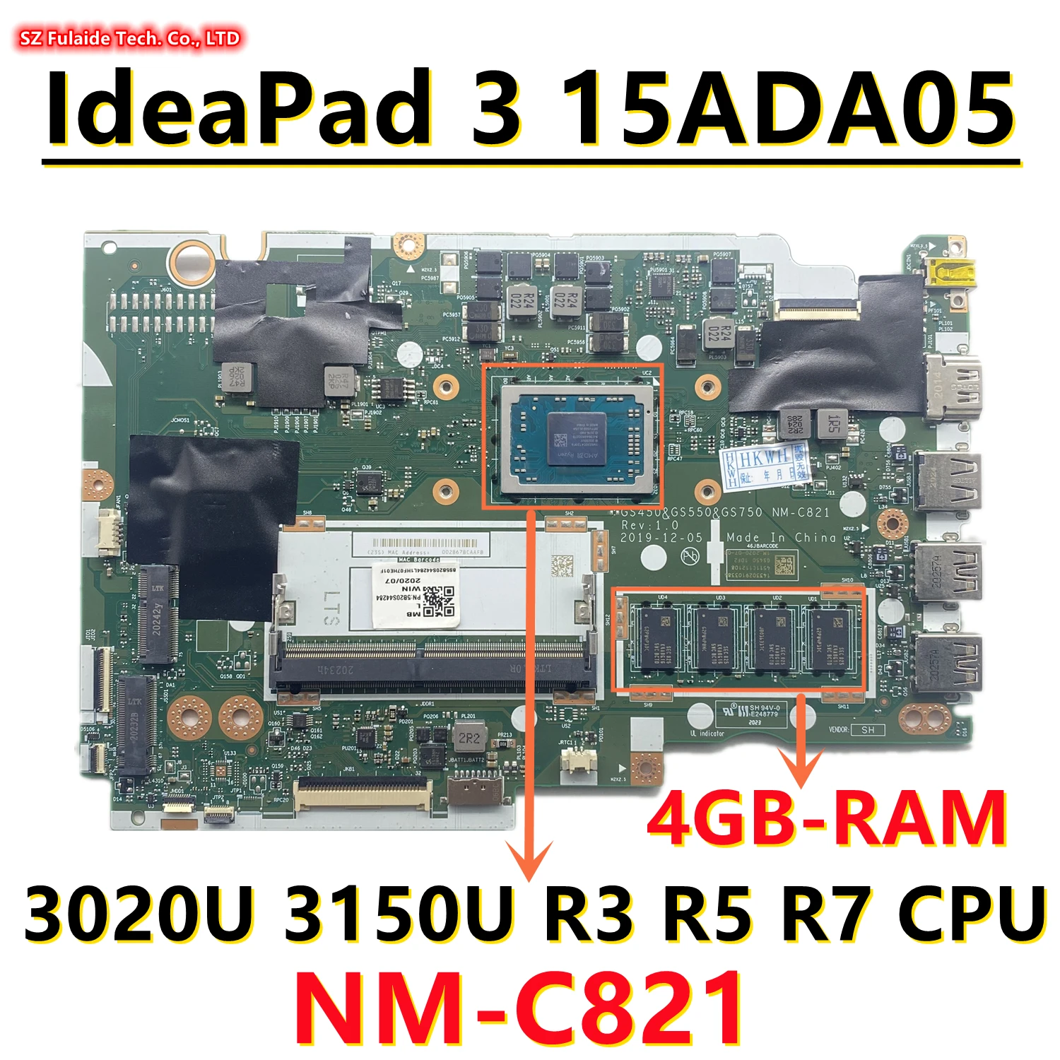

Материнская плата для ноутбука Lenovo IdeaPad 3 15ADA05 с 3020U 3150U