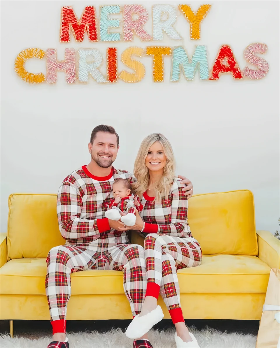 Fashion Plaid Print Christmas Family Matching Pajamas Set Parents Sibling Couple Casual Home Women Men Boy Girl Baby Loungewear