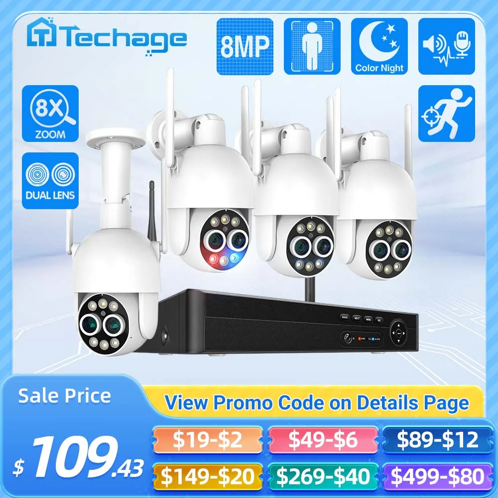 Security Camera Techage PTZ 8MP Dual Lens 8CH Wireless Surveillance System Human Detection Auto Track WIFI NVR Two Way Audio