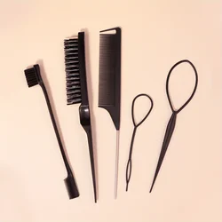Ultimate DIY Hair Styling Tool Kit - Complete Set with Styling Comb, Braiding Tool, Edge Brush, and Teasing Brush (Black 5 Piece Set)