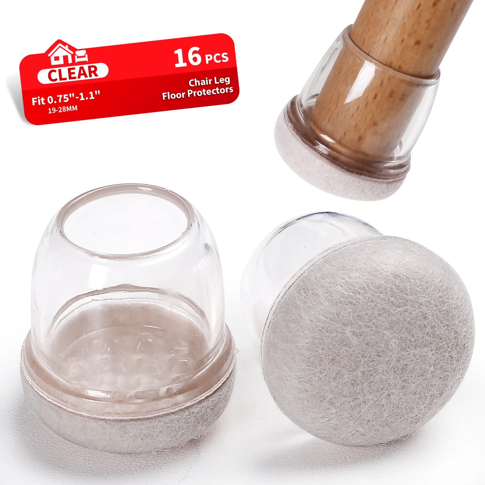 Clear Silicone Chair Leg Protectors with Felt Pads - Set of 16, Floor Scratch and Noise Reduction