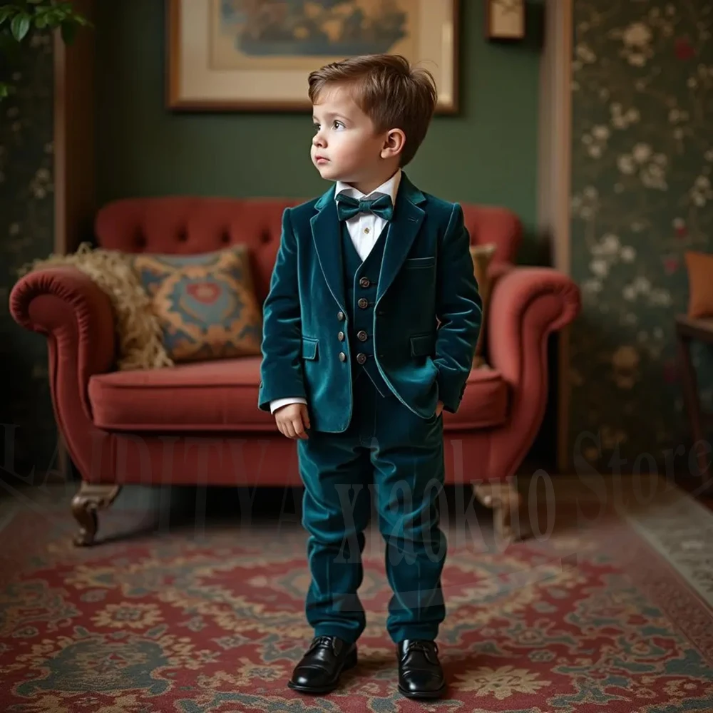 Kids Formal Velvet Suit 3 Piece Set for Boys Wedding Pageant Party Prom Special Occasion Dresswear Includes Jacket Vest Pants