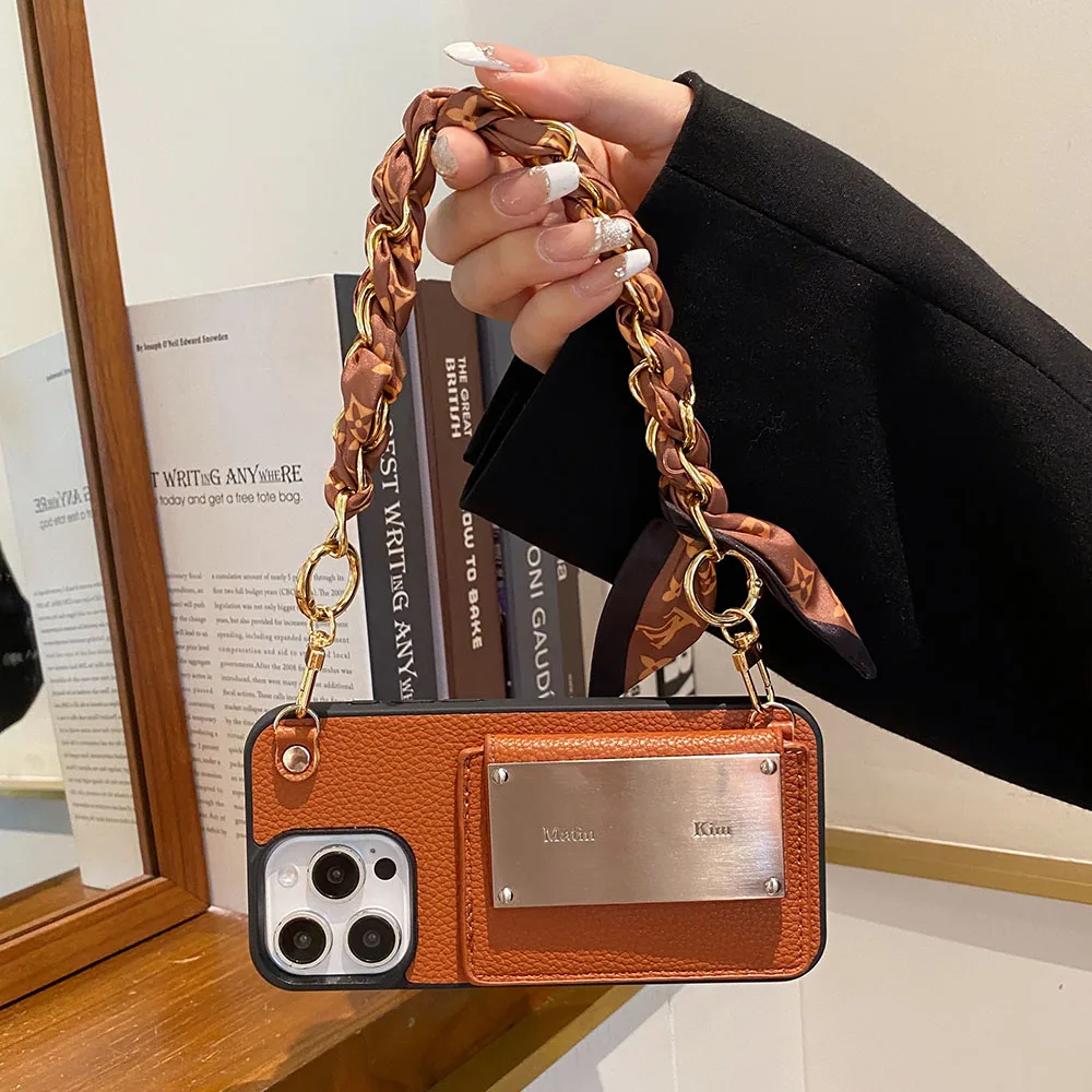 Elegant Mirror Wallet Card Slot Phone Case with Protective Cover and Lanyard Scarf Holder