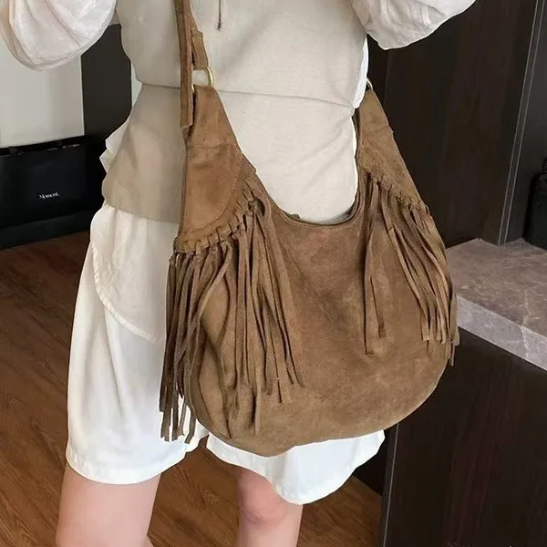 Women Large Capacity Frosted Tassel Shoulder Bag Faux Suede Fringe Underarm Bag Travel Tote Handbag Female Shopping Bag