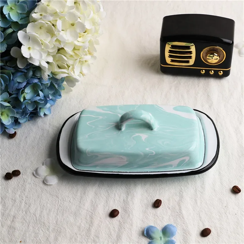 Retro Nostalgic Enamel Snack Tray with Lid Kitchen Dish Butter Box Cheese Storage Butter Dish Lid Serving