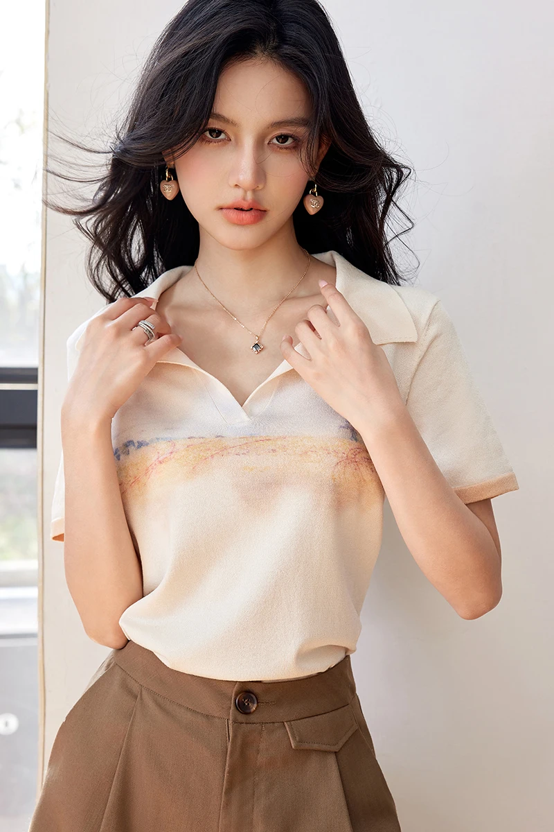 

Футболка Coigarsam женская с коротким рукавом, милая трикотажная тонкая Свободная рубашка в полоску, с принтом кремового и абрикосового цвета, лето 2024