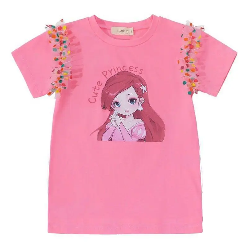 

Summer Girls T-shirts Fashion Colorful Shirts for Kids Dotted Mesh Cartoon Children Tops Toddler Princess Outfits Clothing