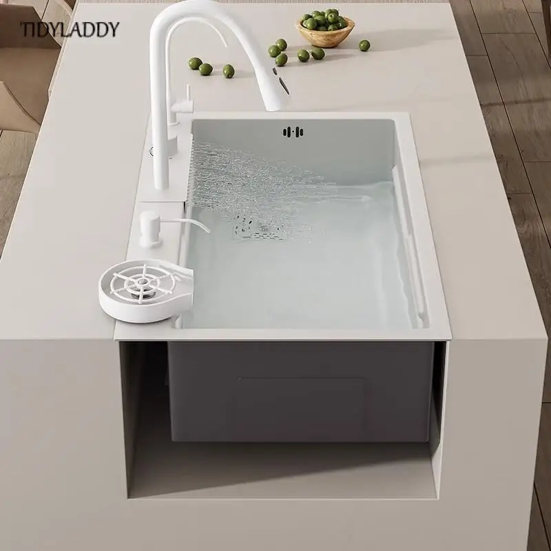 White Stainless Steel Waterfall Kitchen Sink Multifuctional Faucets Simple Style Large Single Slot Kitchen Novel Accessories 3