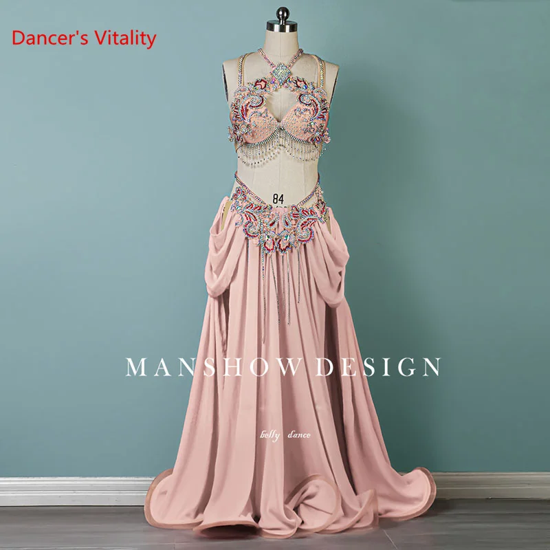 

Belly Dance Competition Costume Hand Made Stones Bra and Long Skirt 2pcs Bellydancing Outfit Cusomzied Indian Oriental Dance Set