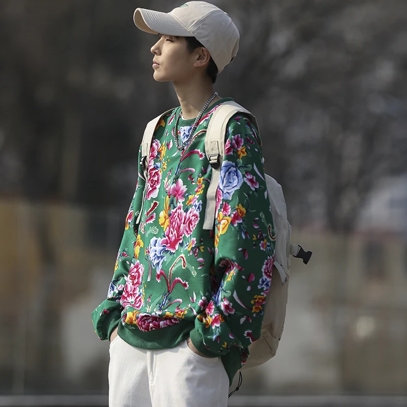 

Regular round neck large flower large size hoodie coat male autumn casual jumper tide team wear hot pot restaurant tide