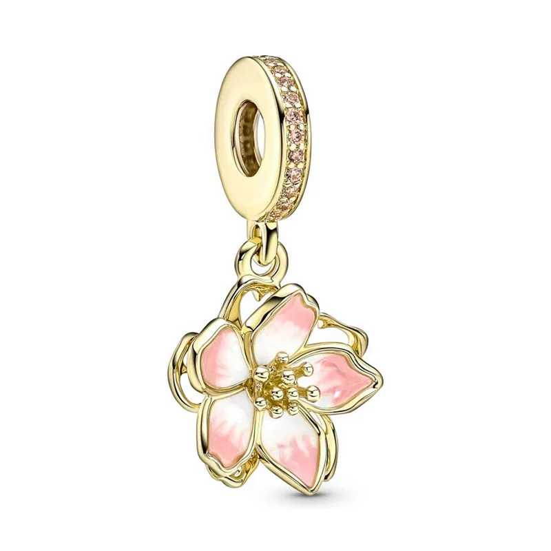 Gold Family Tree Daisy Cherry Blossoms Leaf Charm Beads DIY Women Jewelry Gifts Making Fit Original European 925 Silver Bracelet 3