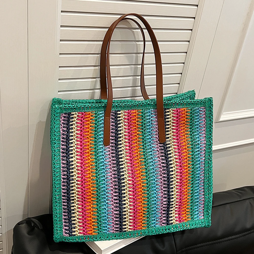 Straw Rainbow Handbags Women’s Straw Raffia Crochet Woven Tote Bag Rattan Top Handle Casual Shoulder Messenger Summer Beach Bag