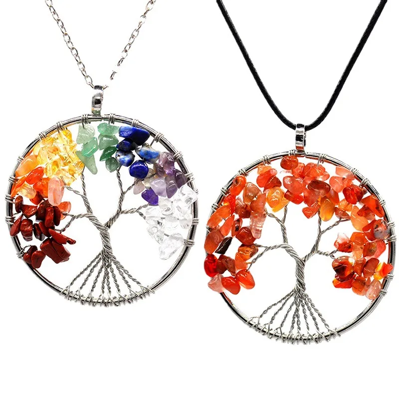 

7 Chakra Nature Crystal Crushed Stone Tree of Life Pendant Necklace Reiki Healing Quartz Beads Wire Wrapped Jewelry 2 PCS Gift