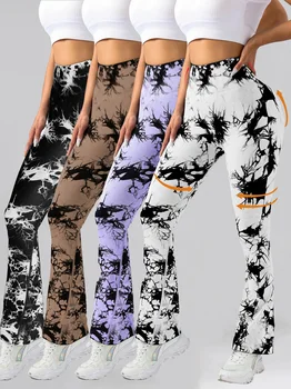 4 Pack US Local Women's Tie-dye flared yoga pants, High-waisted hip lifts, athletic leggings, wideleg gym pants 1