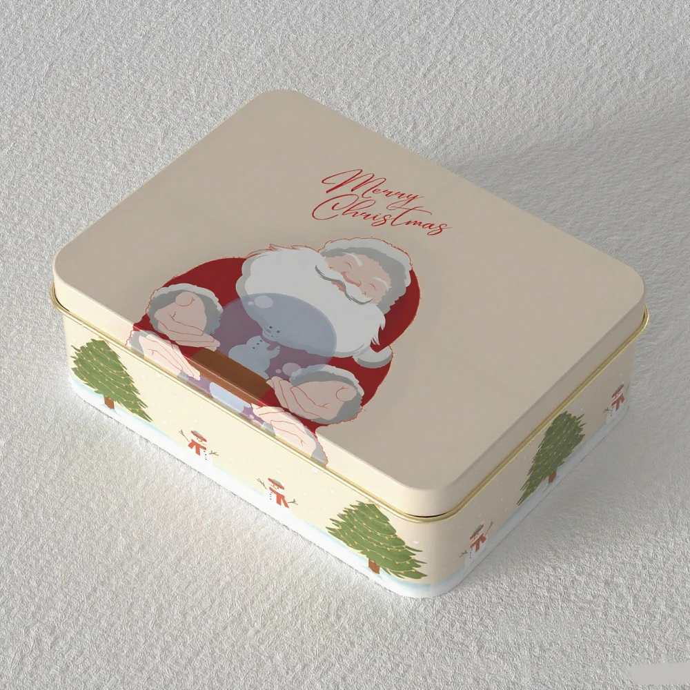 Weihnachtliche runde Bonbondose mit Cartoon-Elch und Weihnachtsmann-Motiv, festliche Weihnachtsdose aus Weißblech für Geschenke und Süßigkeitenverpackung – Detail 3