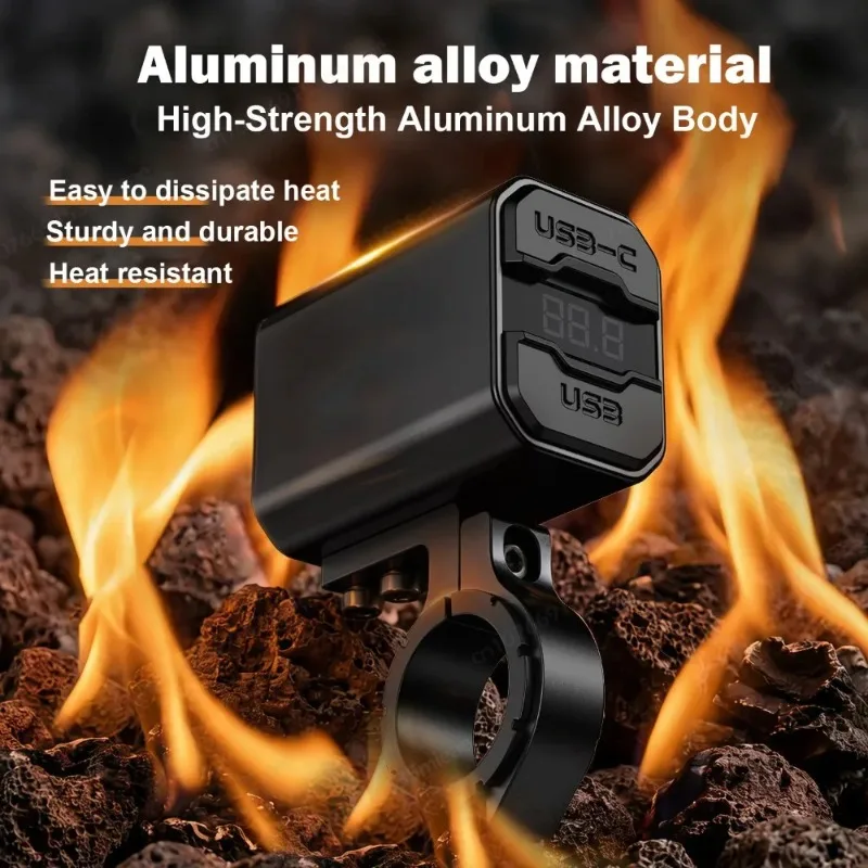 알루미늄 오토바이 USB 충전기 PD3.0 USB-C 고속 충전기 전원 어댑터 QC3.0 듀얼 소켓(스위치 포함) 방수 디지털 전압계