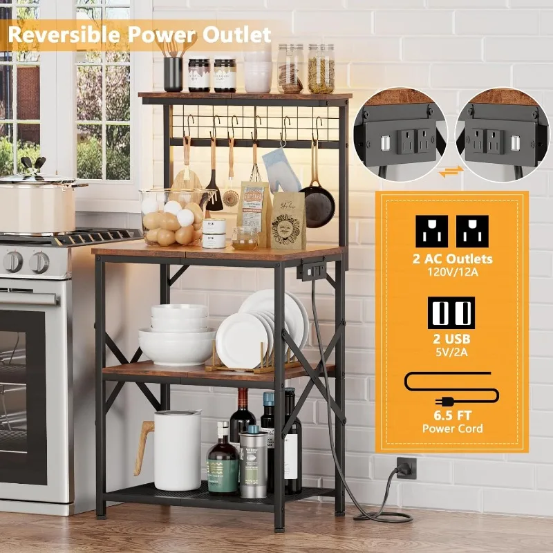 Bakers Rack with Power Outlet and LED Light, Small Microwave Stand with 4 Tier Shelves, Coffee Bar Station Table with 6 S Hooks 4
