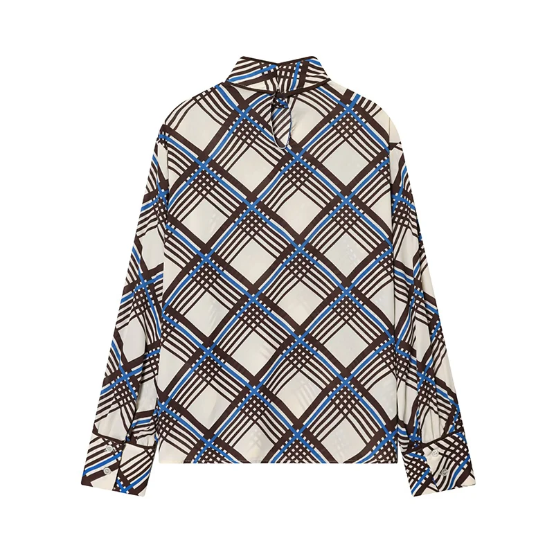 Women's Blouse High Neck Long Sleeve Fashion Check Shirt Top Autumn New Casual Elegant Chic Shirts And Blouses Tops