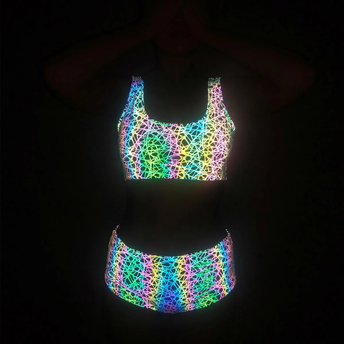 Techwear Colorful Reflective Tracksuit Women Sexy Night Club Pole Dance 2  Piece Set Reflect Light Bikini Bra Ensemble Femme - AliExpress