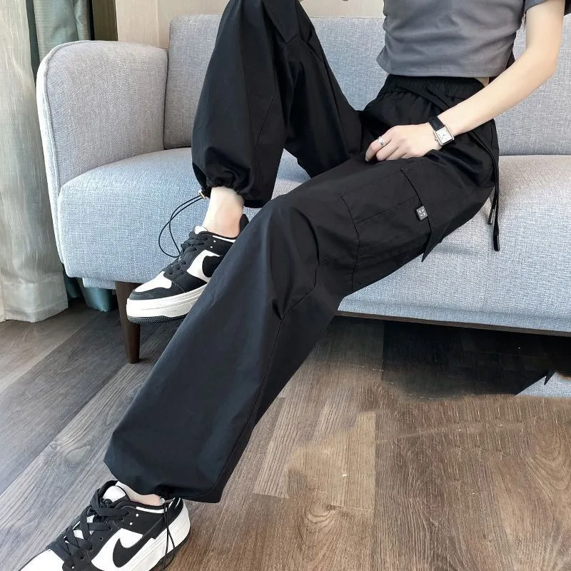 Spring Autumn Bandage Women's Pockets Elastic Solid Drawstring Button High Waisted Workwear Wide Leg Vintage Trousers Pants